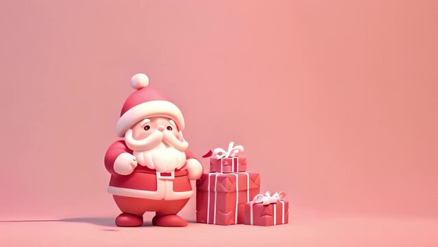 Moving Cute Santa Claus cartoon pastel colored. Merry Christmas and Happy New Year. Realistic 3d cartoon Santa Claus with funny smile, with red bag of gifts. Xmas Holiday background, web poster. illus
