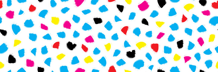 Vector ink brush abstract pattern seamless repeat. Bold brush stroke texture. Hand painted multicolor Korean, Chinese, Japanese ink brush strokes. Isolated grungy elements. Playful confetti background