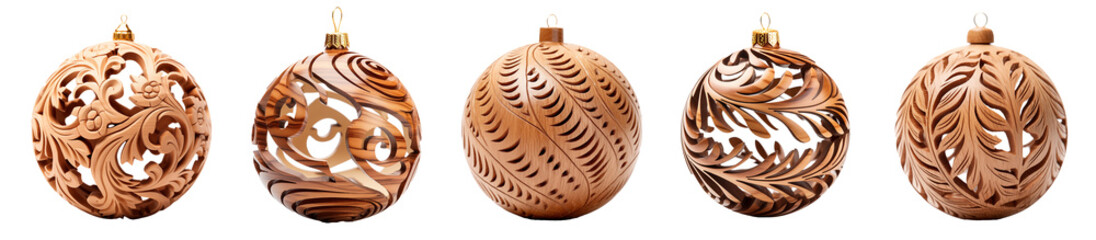 Zero waste, eco-friendly, sustainble Christmas wooden ornaments balls isolated on white background. Natural color earthy tones Christmas gift box on white background