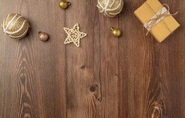 Christmas wood background with decoration, gifts and balls