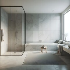 A minimalist bathroom with a walk-in shower, soaking tub, and marble countertops