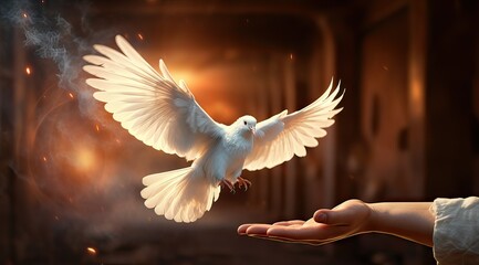 peace day, a white dove with open wings about to land on one hand