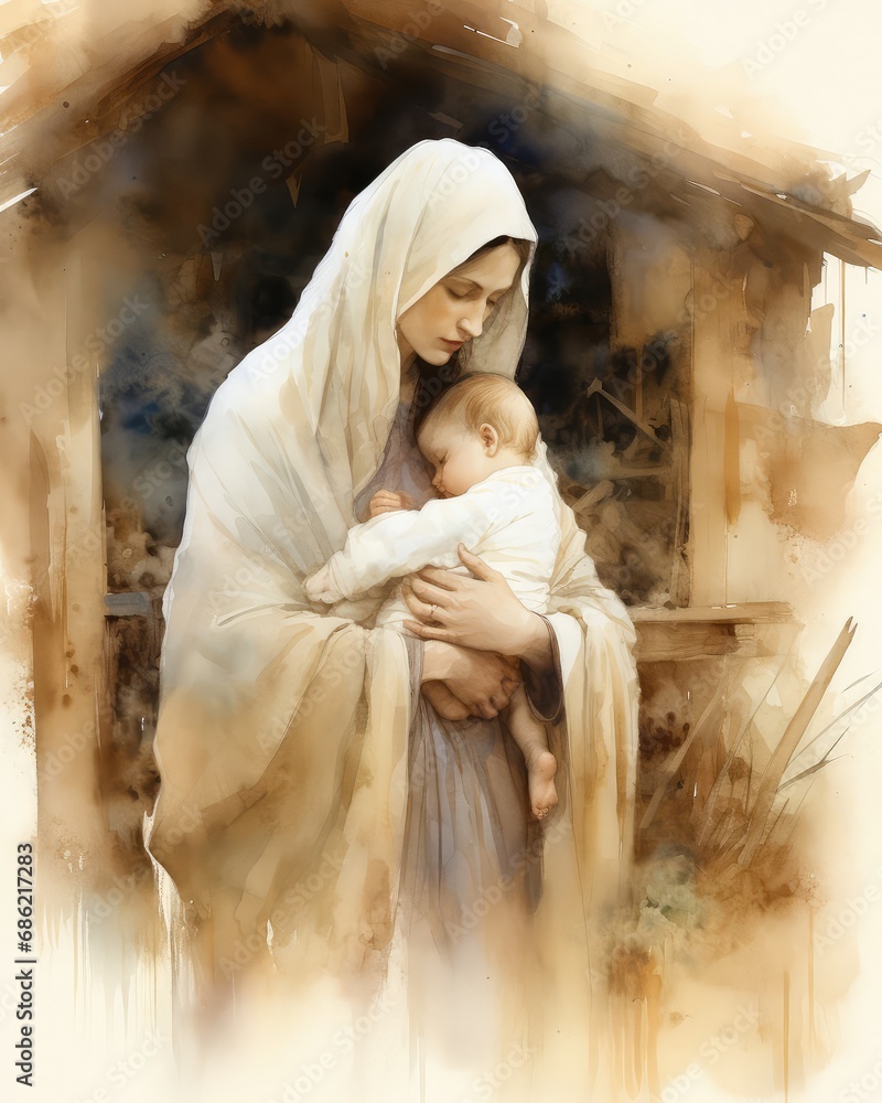 Wall mural nativity scene with mary and baby jesus christ. digital painting. - Wall murals