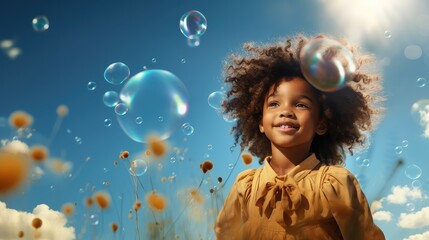 Little african american girl with soap bubbles on blue sky background