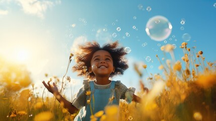 Happy african american little girl with soap bubbles on meadow