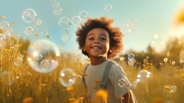 Cute little African-American girl blowing soap bubbles in a field