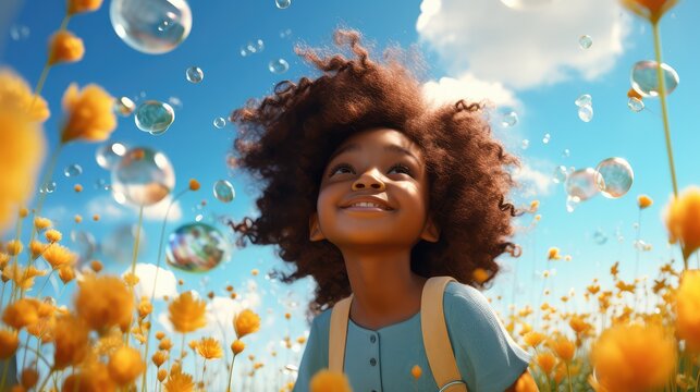 happy african american girl with soap bubbles in spring meadow. Cartoon style - Powered by Adobe