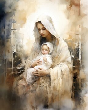 Portrait of a beautiful young Mary with Baby  Jesus in her arms