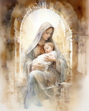 Portrait of Mary with baby Jesus in the church. Digital painting