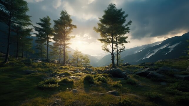 Mountain landscape with coniferous trees in the foreground at sunset