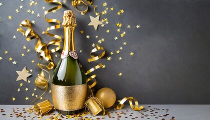 celebration background with golden champagne bottle confetti stars and party streamers christmas birthday or wedding concept copy space