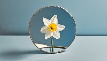 pastel blue background with a narcissus flower reflecting in a mirror minimal concept symbolizing...