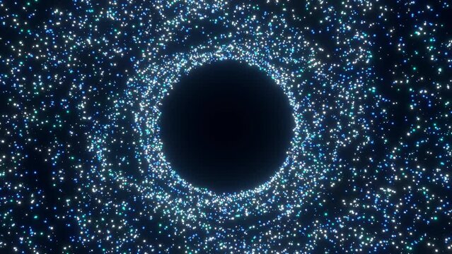 A spiral vortex of blue luminous particles followed by the formation of a black hole or portal.