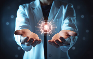 Doctor presses virtual button with finger on modern medical touch screen. Modern healthcare technology concept illustration