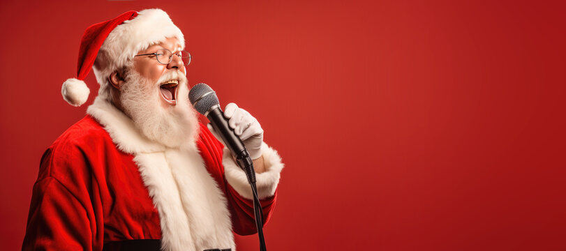 Santa Claus Singing Karaoke into a Microphone on a Red Background with Space for Copy
