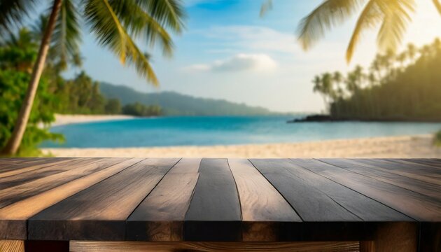 wooden black table top on blur tropical beach background can be used for display or montage your products high quality photo