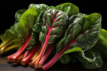 A group of rainbow chard leaves, showcasing the colorful stems and versatile cooking potential of this leafy green. Concept of rainbow chard allure. Generative Ai.