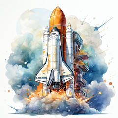 watercolor Surreal rocket in deep space clipart, Generative Ai