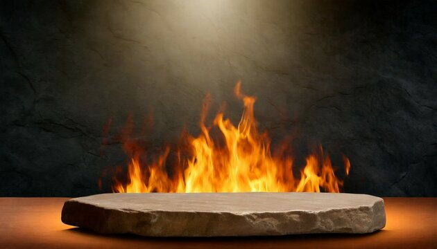 table top stone or stand product display with fire flames in dark abstract background generative ai images