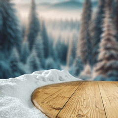 Wooden table cover of snow and frost. Empty space for your decoration. Christmas magic time and landscape of mountains. Natural light and rural view. 