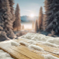 Wooden table cover of snow and frost. Empty space for your decoration. Christmas magic time and...