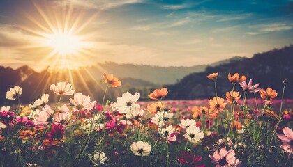 vintage landscape nature background of beautiful cosmos flower field on sky with sunlight in spring...