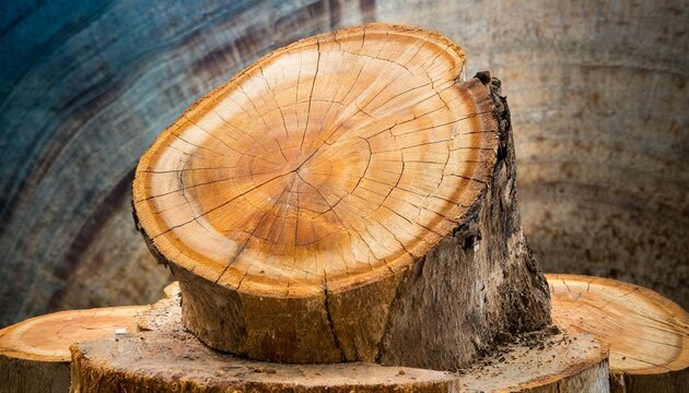 stump of tree felled section of the trunk with annual rings slice wood
