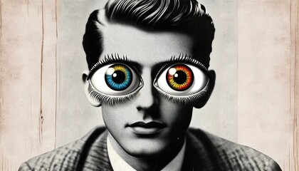 Vintage photo meets modern art with oversized cartoon eyes adding a playful twist