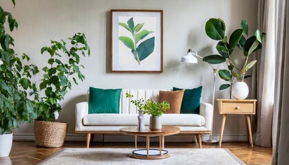 warm and cozy composition of spring living room interior with mock up poster frame wooden sideboard white sofa green stand base with leaves plants and stylish lamp home decor generative ai