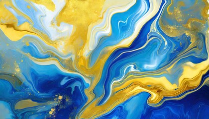 hand painted background with mixed liquid blue and golden paints abstract fluid acrylic painting...