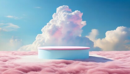 surreal cloud podium outdoor on blue sky pink pastel clouds with empty space beauty cosmetic product placement pedestal present promotion minimal display summer paradise dreamy concept