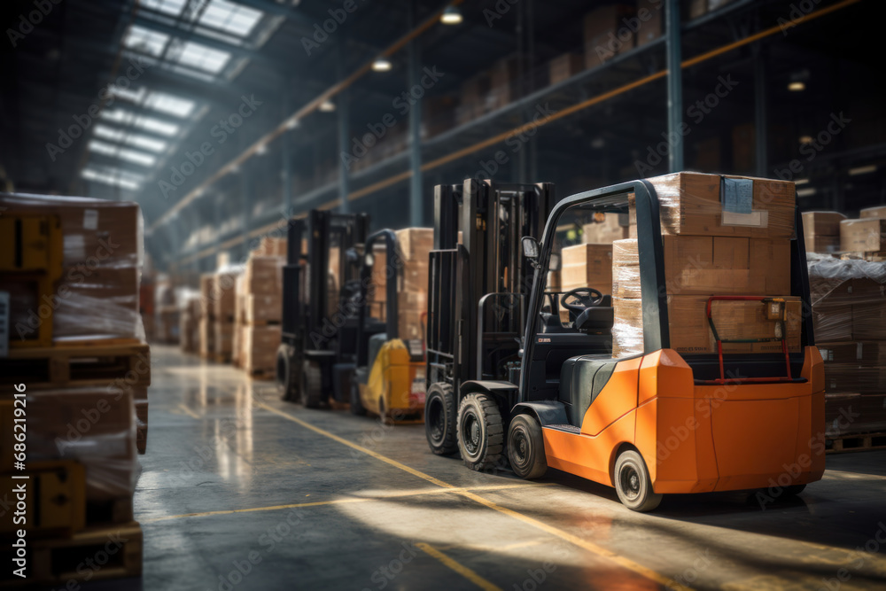 Poster forklifts navigating through a bustling warehouse, strategically organizing and transporting raw mat