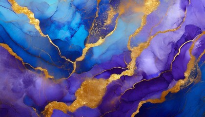 blue and purple marble and gold abstract background texture indigo ocean blue marbling style swirls of marble and gold powder ai generated - Powered by Adobe