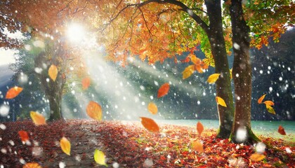 light breaks through the autumn leaves of trees