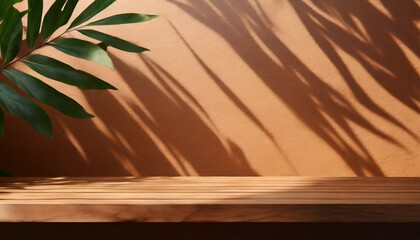blank brown wooden counter table in soft sunlight leaf shadow on beige texture wallpaper wall for luxury organic cosmetic skincare beauty body care treatment product display background 3d