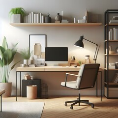 A minimalist home office with a desk, chair, and bookshelf