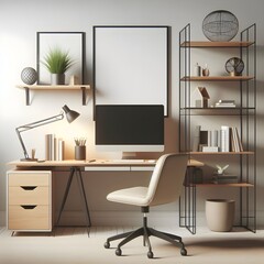 A minimalist home office with a desk, chair, and bookshelf