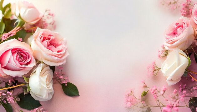flower frame banner delicate card with pink roses on a soft white and pink background space for text