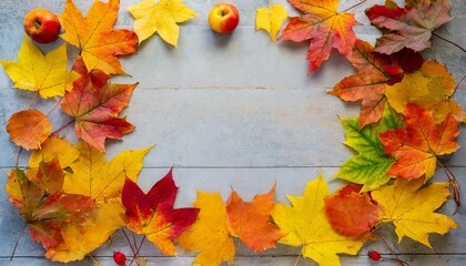 autumn background with colourful frame of maple leaves orange yellow red beautiful fall leaves decorative border with copy space for text generative ai