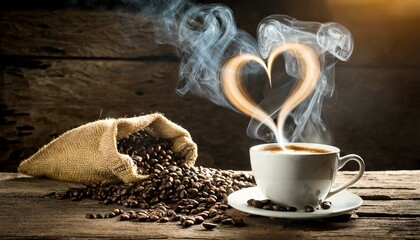 cup of coffee with heart shape smoke and coffee beans on burlap sack on old wooden background