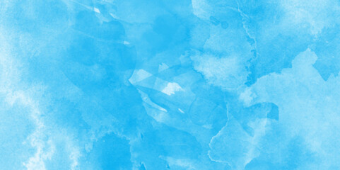 Abstract blue watercolor background texture on white paper with polished and washed watercolor stains, soft and lovely sky blue watercolor background with clouds, Sky clouds with brush painted blue.