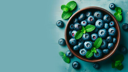 ripe blueberries with mint leaves on a blue background