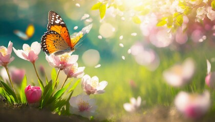 abstract nature spring background spring flower and butterfly - obrazy, fototapety, plakaty