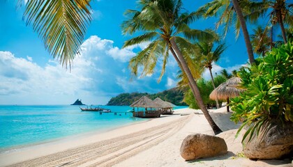 beautiful tropical beach at exotic island with palm trees - obrazy, fototapety, plakaty