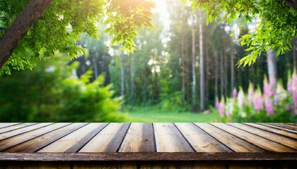 a wooden table and spring forest background