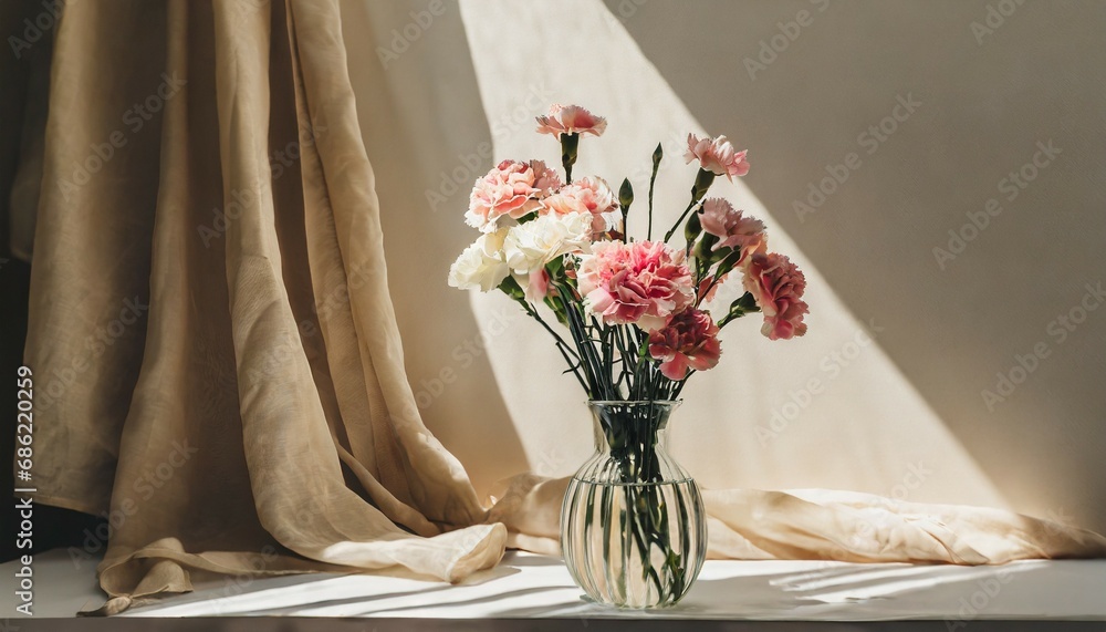 Wall mural carnation flowers bouquet in vase on neutral beige empty wall and linen curtain with aesthetic floral sunlight shadow background spring or summer home interior decor - Wall murals