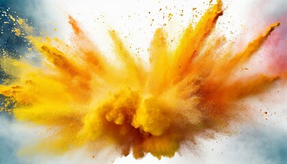 bright yellow orange holi paint color powder festival explosion burst white background industrial print concept background