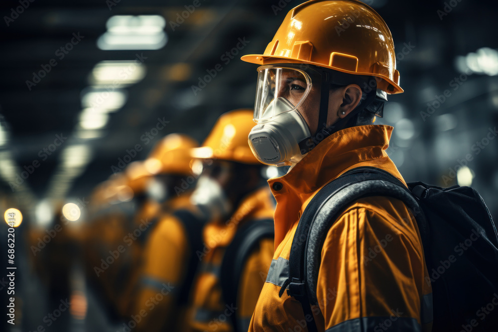 Poster factory workers donning safety gear and following strict protocols to ensure a secure and accident-f