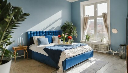 cozy light blue bedroom with flowers and candles pillows duvet and duvet case on a bed blue bed linen on a blue sofa bedroom with bed and bedding blurred view of light bedroom with big window ai