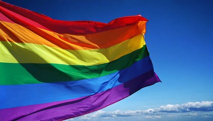 the gay pride rainbow flag waving against clean blue sky close up with clipping path mask alpha channel transparency